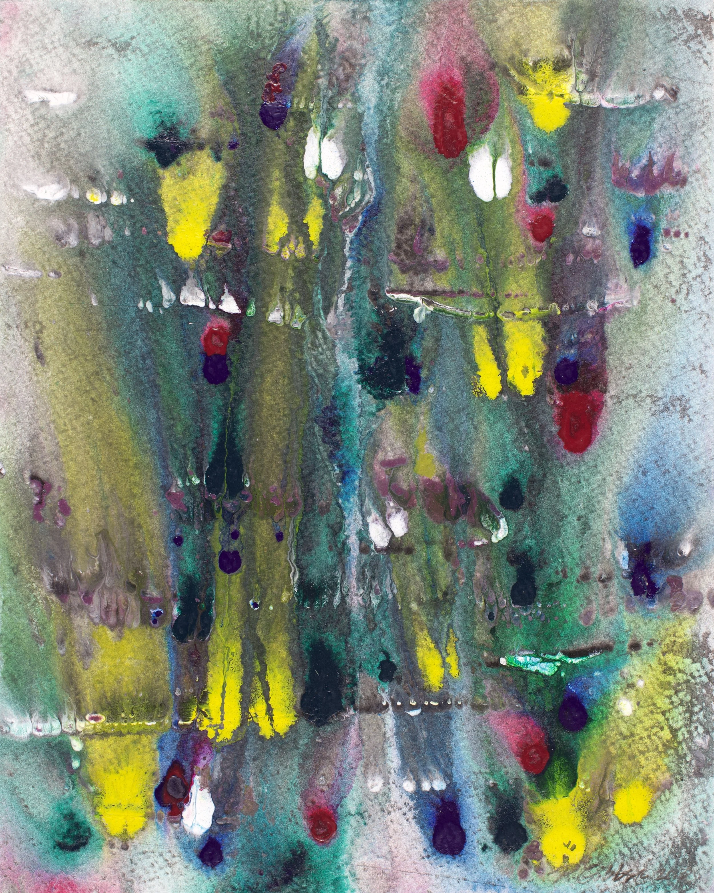 Abstract painting in multiple colors made by drip and pour.