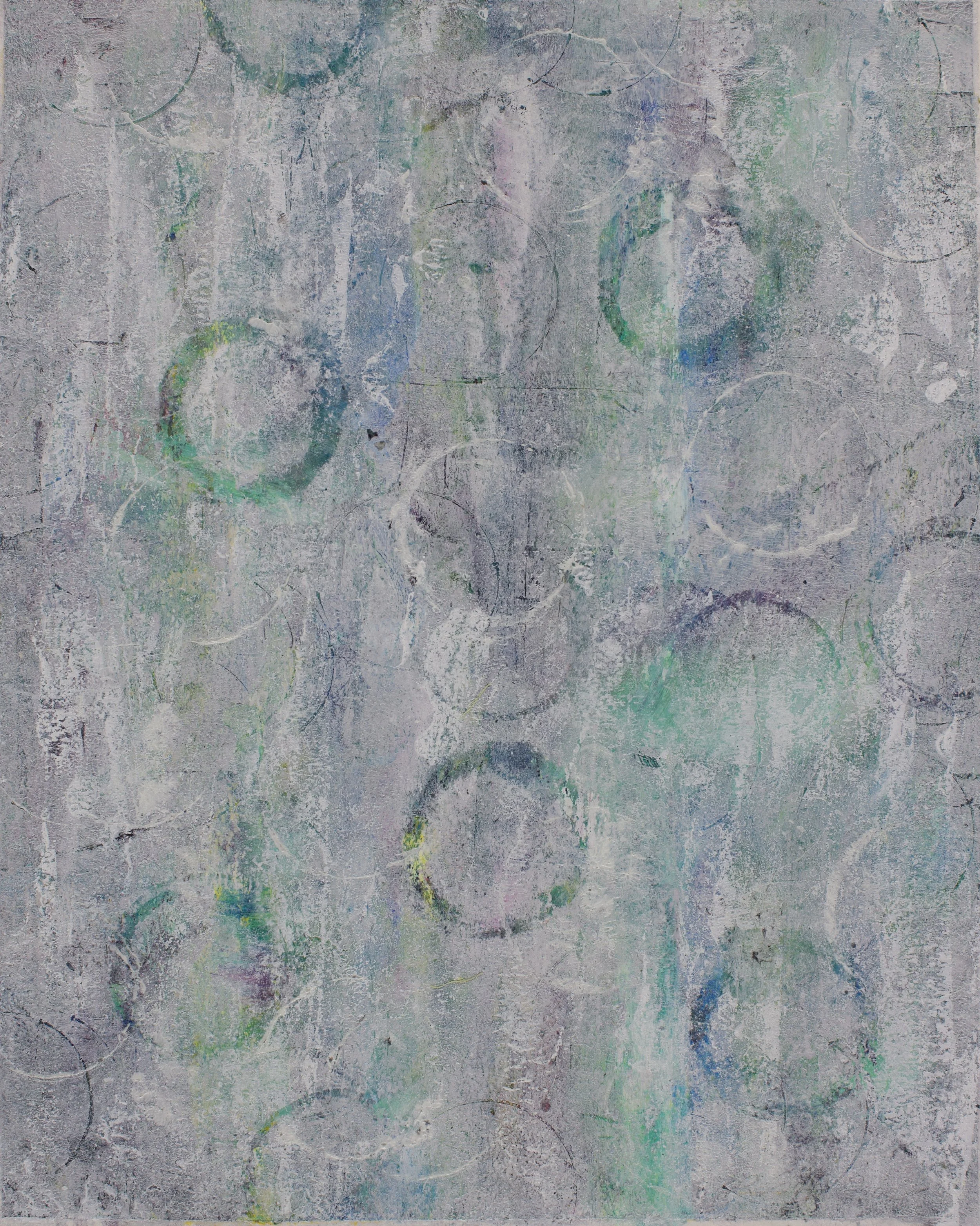 Abstract painting in muted hues of blue with bubble circles in green and white.