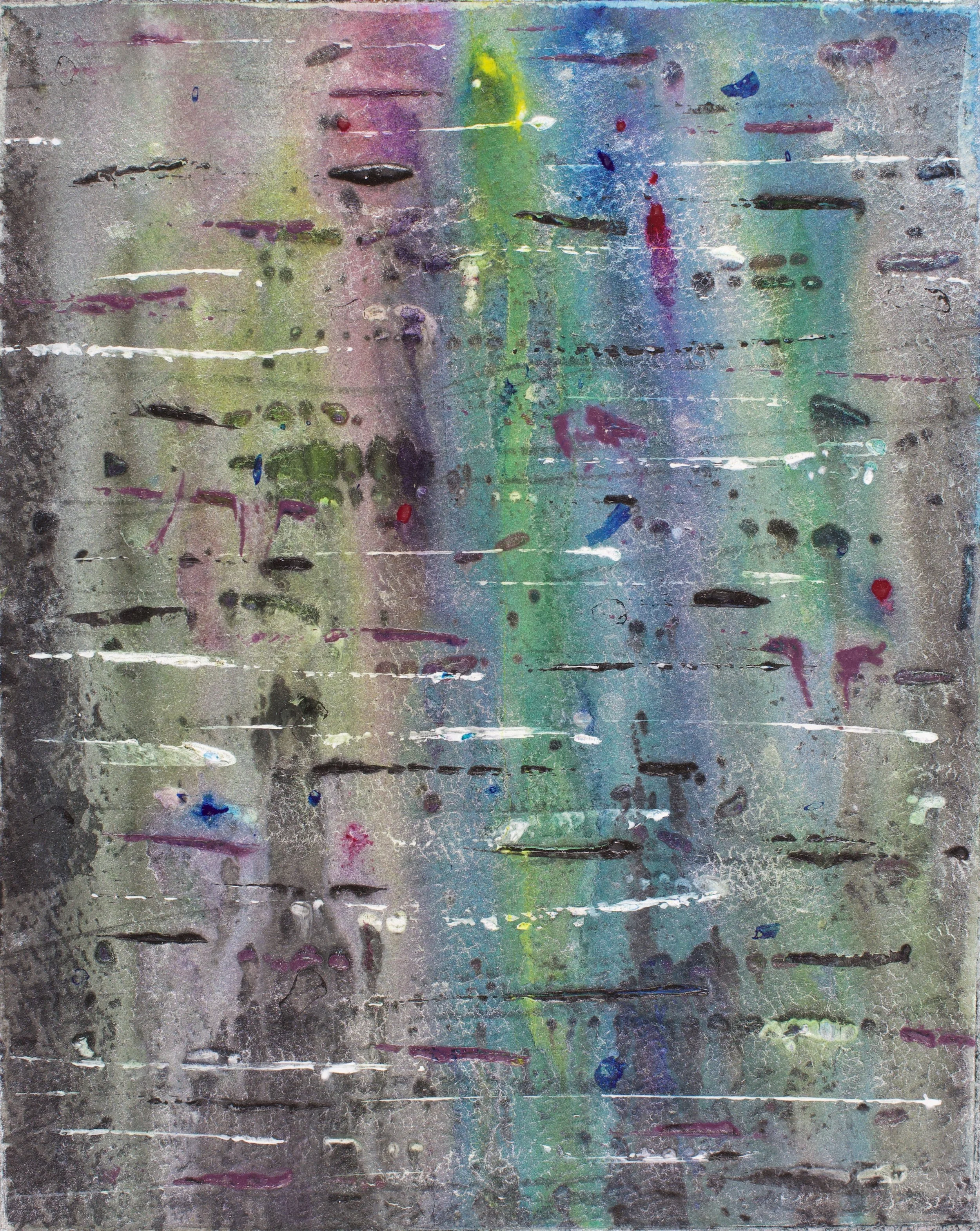 Abstract painting of colorful drips and brushstrokes.