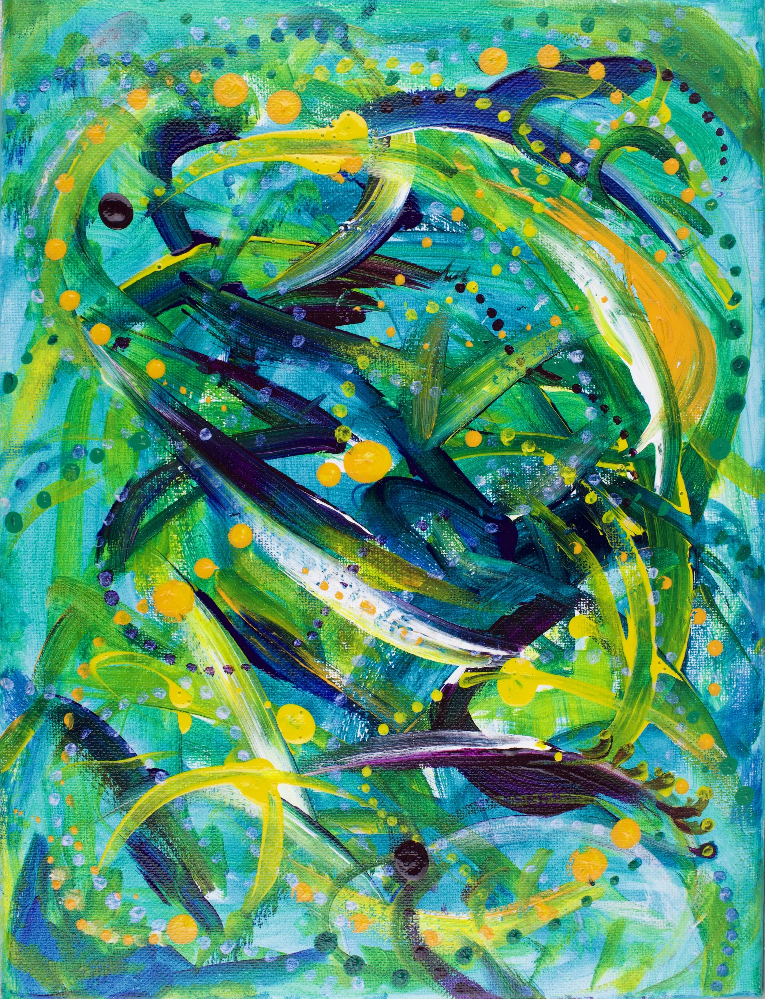 Abstract expressionist painting in shades of blue, yellow, green and white.