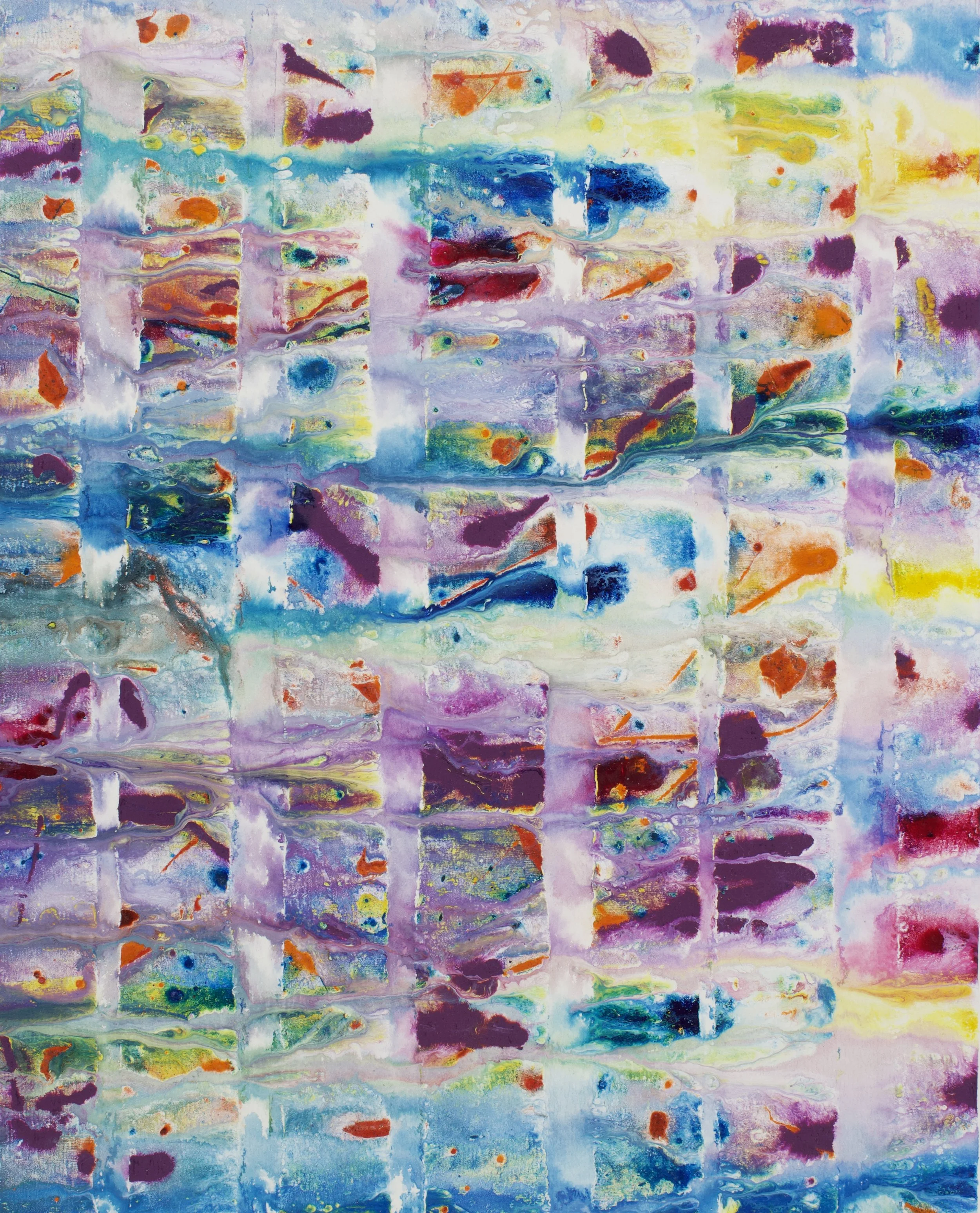 Colorful abstract painting with blue, purple, pink, yellow blended with white.