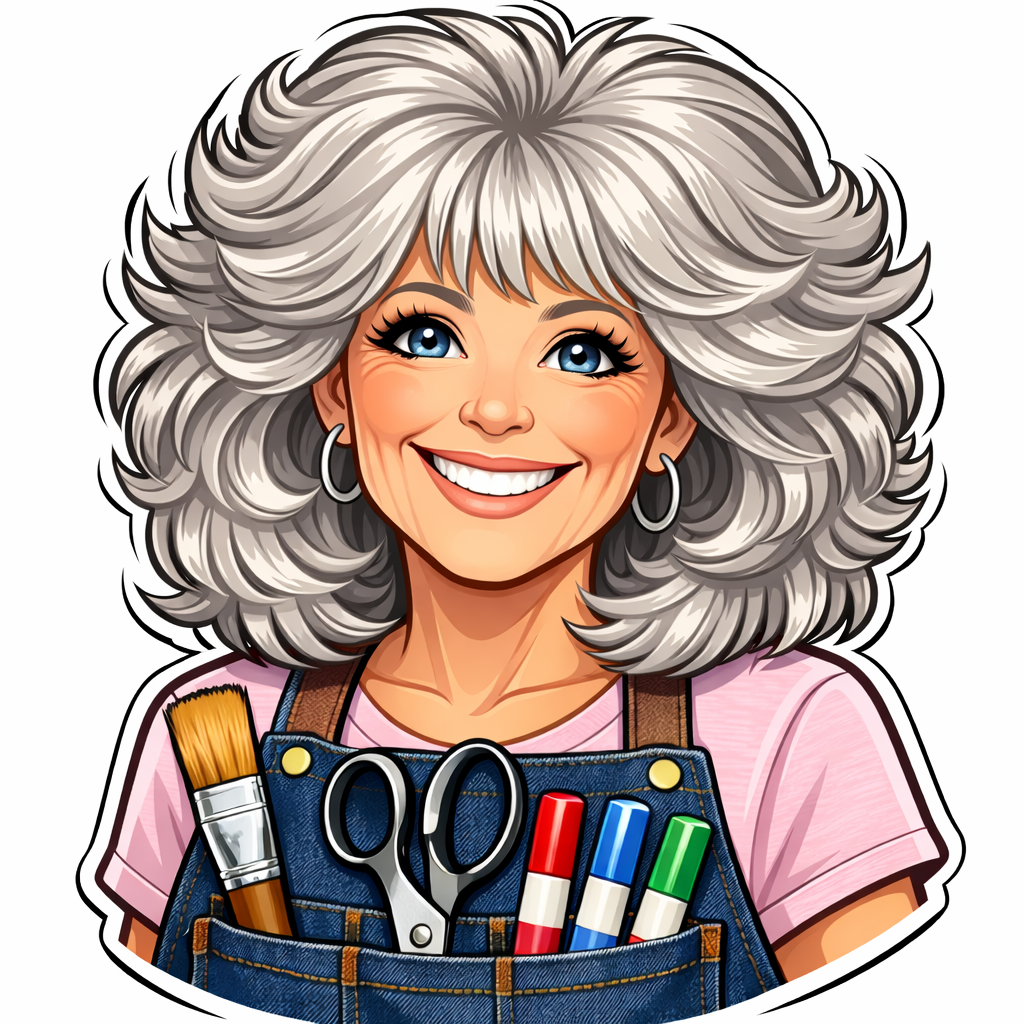 Illustrated portrait of The Joyful YaYa, a creative grandma with gray hair wearing an apron filled with crafting tools.