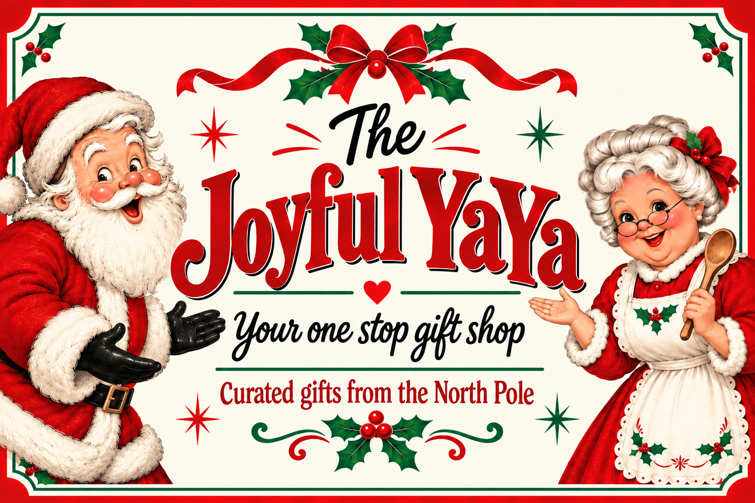Vintage Christmas sign for The Joyful YaYa featuring Sand and Mrs. Claus with the words "Your one stop gift shop"