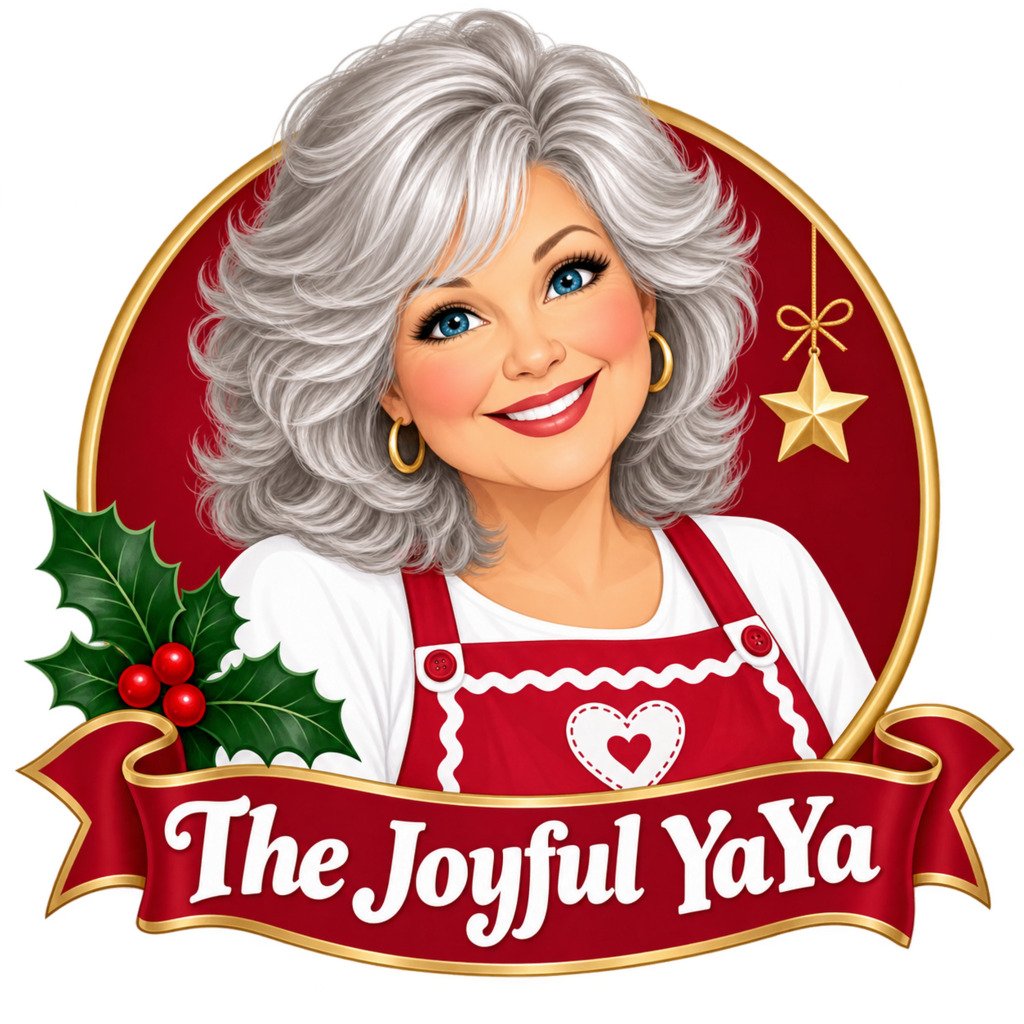 Illustrated portrait of The Joyful YaYa with gray hair, wearing a holiday apron