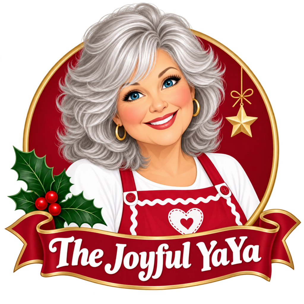 Illustration of The Joyful YaYa with gray hair and a holiday apron