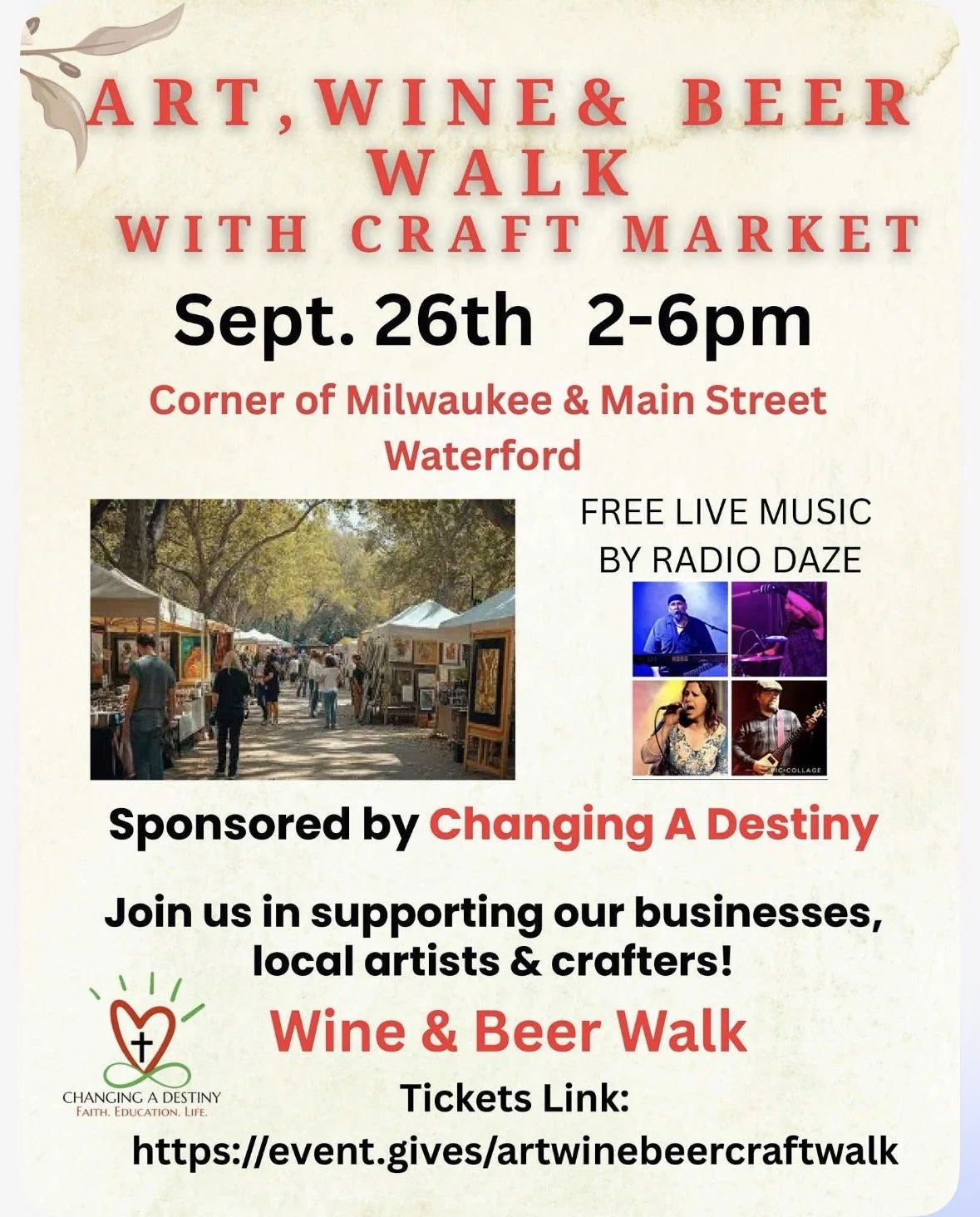 Art, Wine and Beer Walk with Craft Market flyer for September 26, 2026, in Waterford Wisconsin.