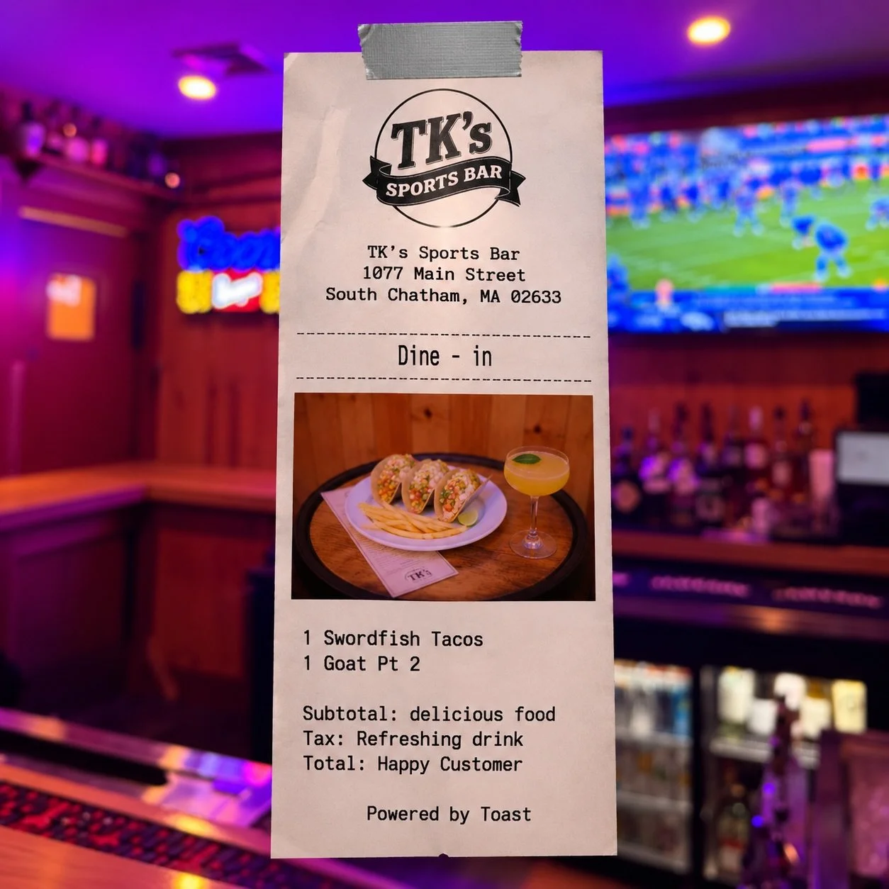 Our new match made in heaven!!
Next time you come, try our new tacos..
They pair perfectly with our goat pt 2 🍸
&bull;
&bull;
&bull;
&bull;
&bull;
&bull;
#foodie 
#sportsbar 
#capecodlife 
#chatam 
#explorepages