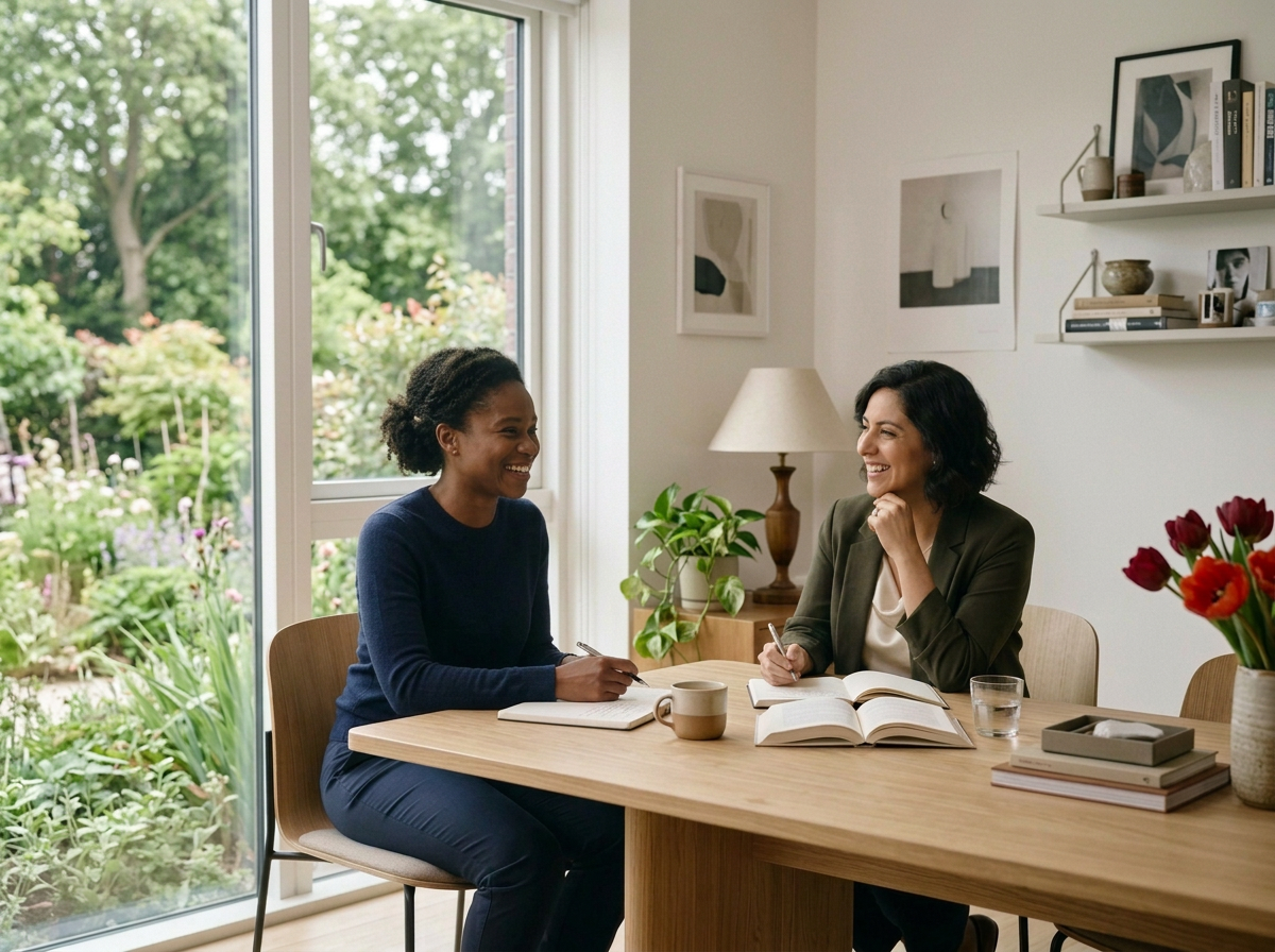 Two women sitting at a wooden table, smiling and having a conversation inside a room with a large window showing a garden outside. There are notebooks, a coffee mug, a glass of water, and flowers on the table.