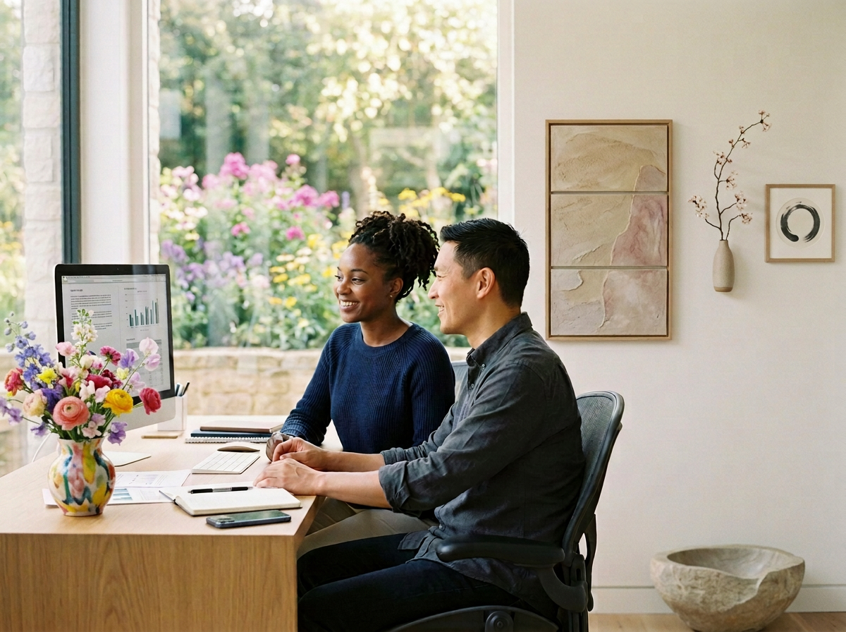 Two people sitting at a desk, smiling and talking, with a computer, notebooks, and a colorful vase of flowers, in a bright room with a large window showing a garden outside.