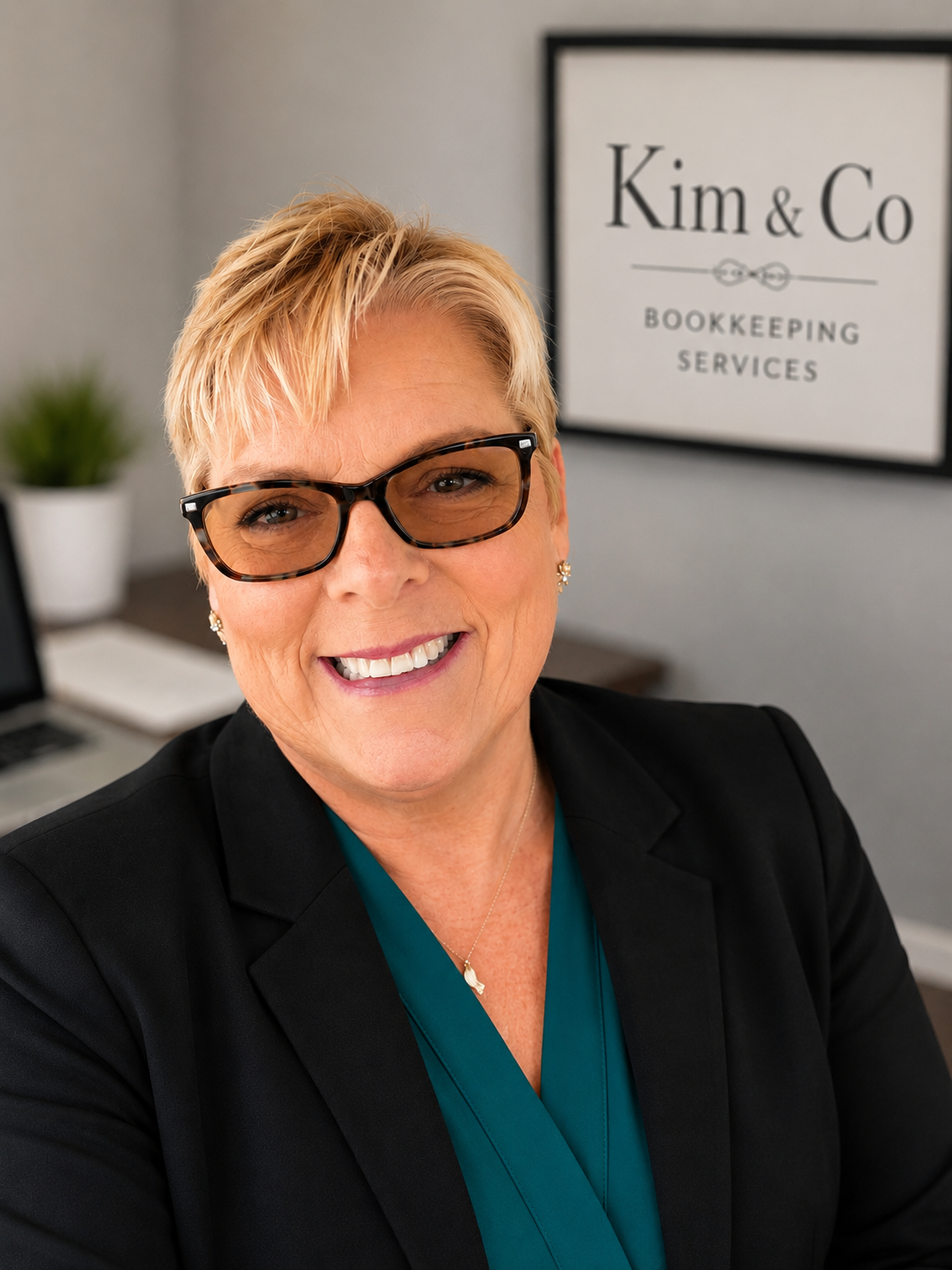 A smiling woman with short blonde hair and glasses, wearing a black blazer and teal blouse, in an office setting with a sign that reads 'Kim & Co Bookkeeping Services' in the background.
