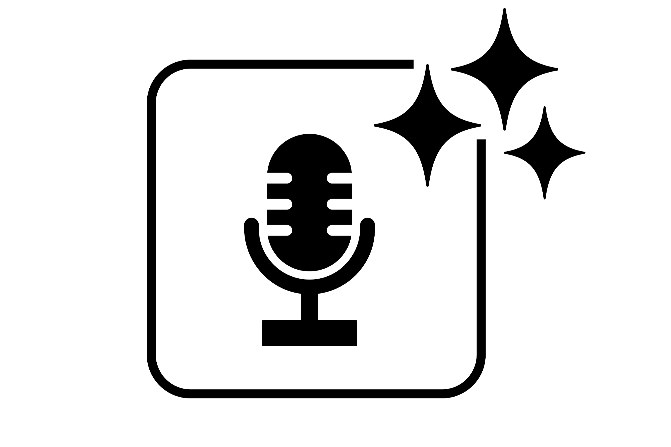 Outline illustration of a microphone inside a rectangular frame with four sparkling stars around it.