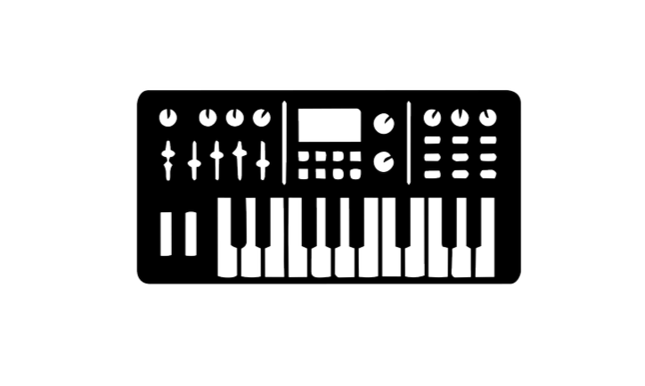 Black and white illustration of a music synthesizer with various knobs, buttons, and keyboard keys.