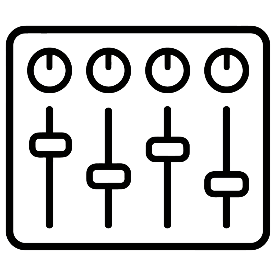 Outline of a sound mixing console with four sliders and four knobs.
