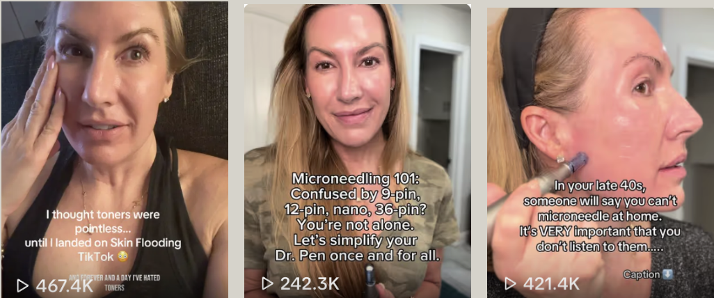 Three images of a blonde woman demonstrating skincare routines. In the first, she is touching her face with a caption about toners. The second is explaining microneedling techniques. In the third she is applying a skincare product on her cheek.