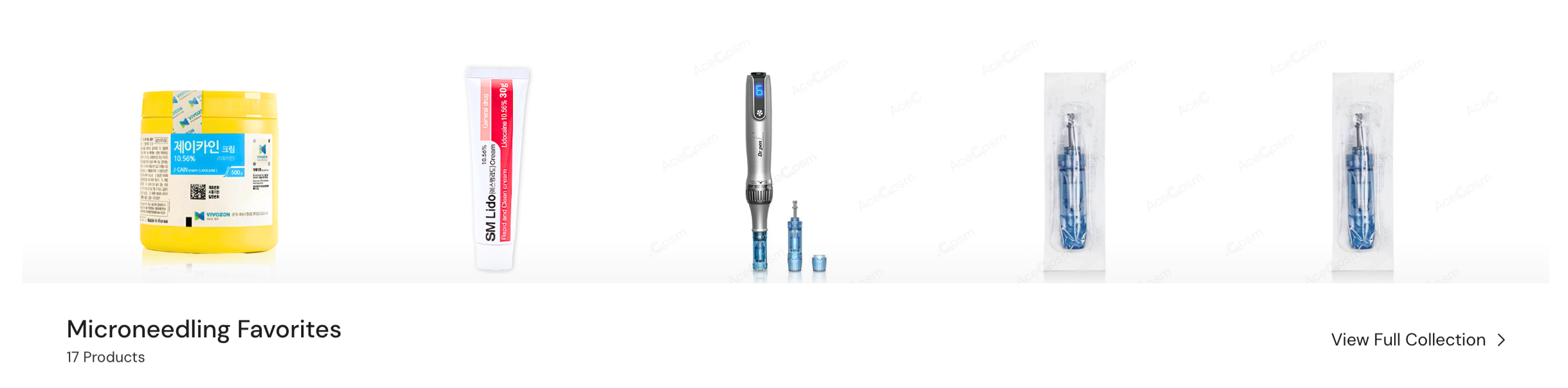 Collection of microneedling products including a yellow container, a tube of cream, a pen-style microneedling device, and sealed needle cartridges.