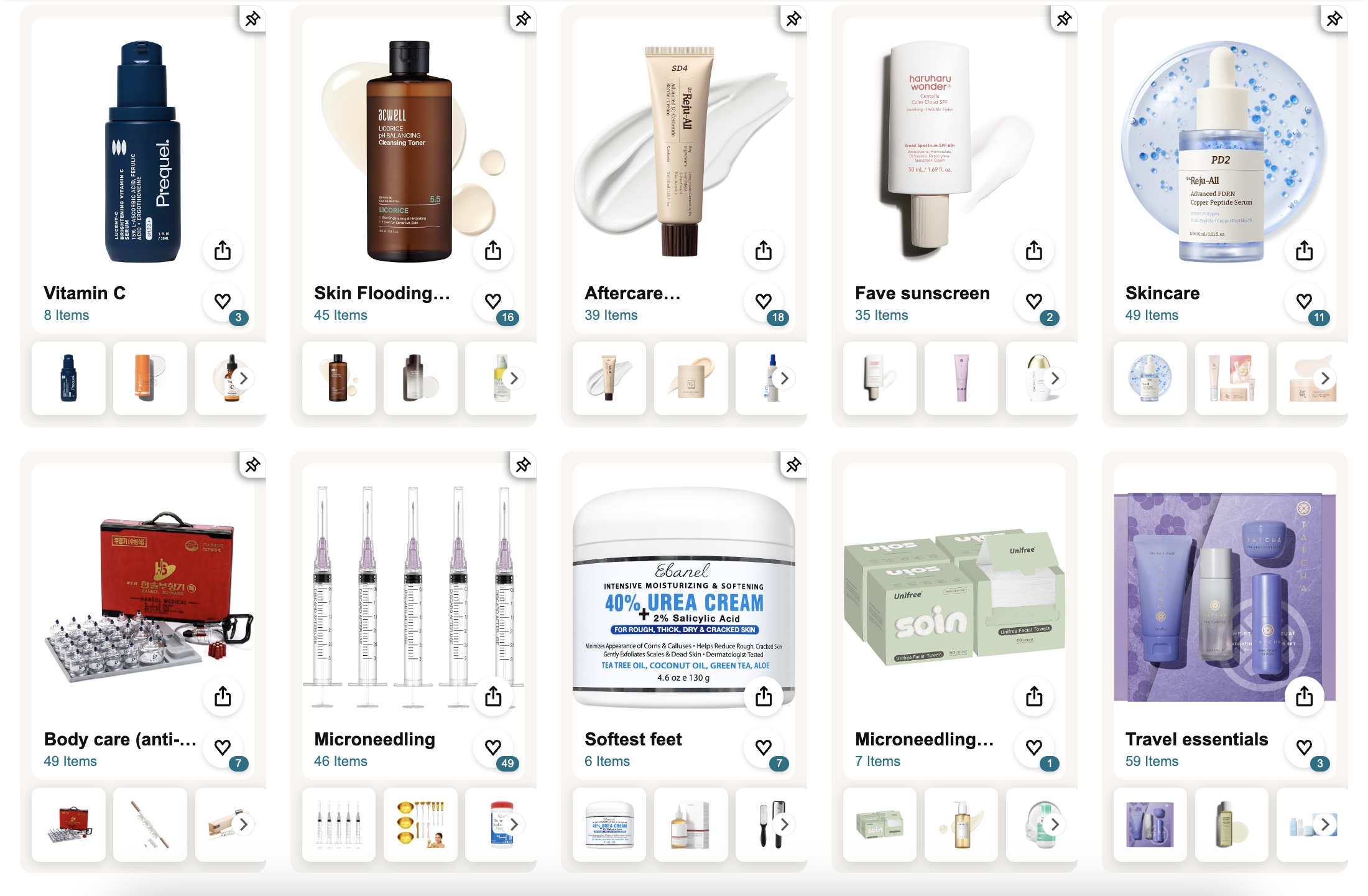 Image of an online shop displaying various skincare and personal care products including vitamin C, toners, sunscreens, serums, and skincare devices, organized into different categories with each showing multiple items.