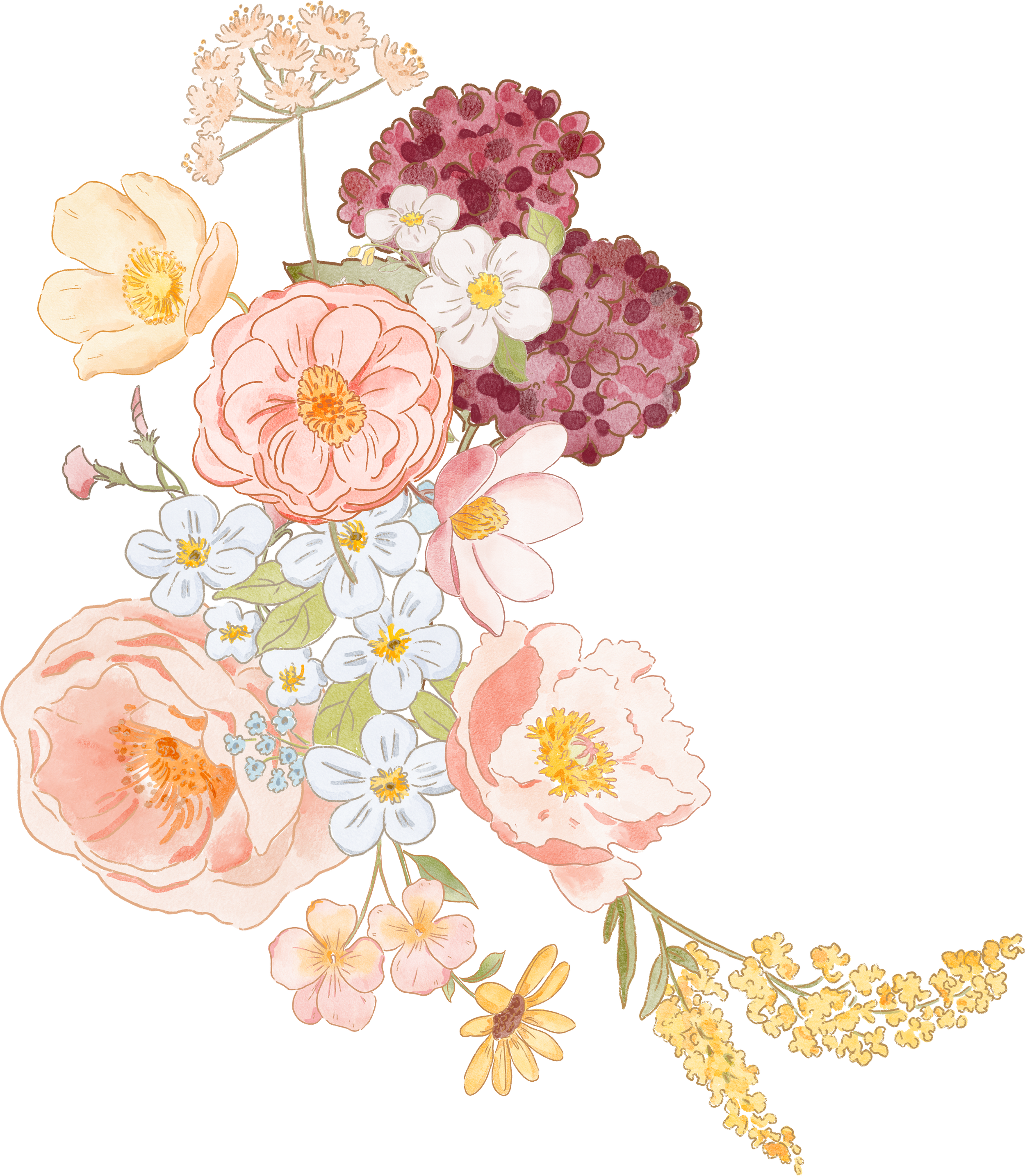 Arrangement of various illustrated flowers in soft pastel colors including poppies, hydrangeas, and daisies.