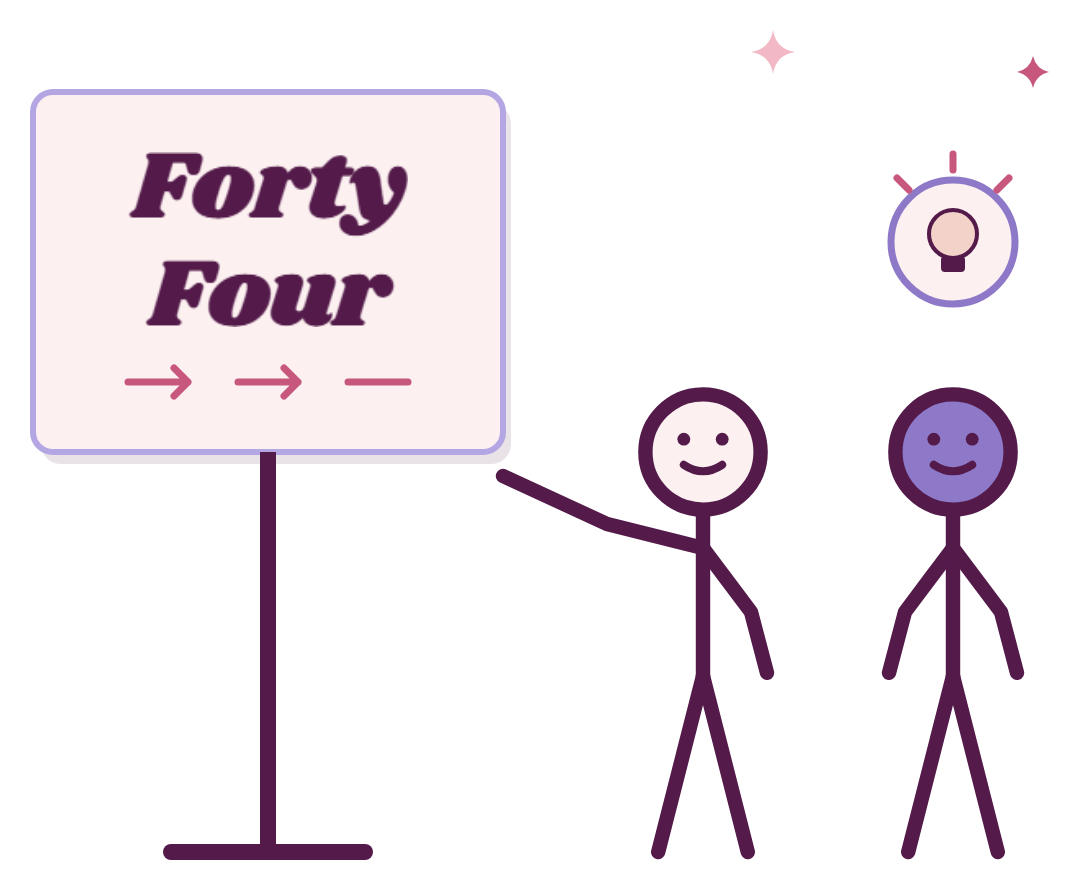 Two stick figures standing next to a sign that reads "Forty Four" with arrows pointing right, one figure pointing to the sign, surrounded by stars and a lightbulb symbol.