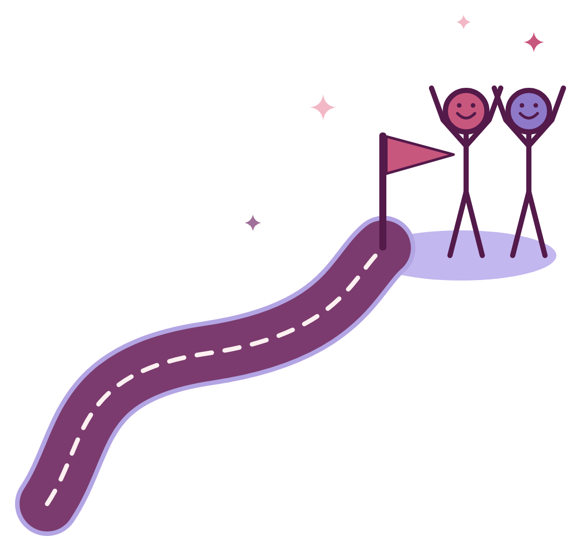 A purple winding road leading to a picnic area with two stick figure people, each with a smiley face, standing on a small purple circle, with a pink flag on the road and stars in the background.
