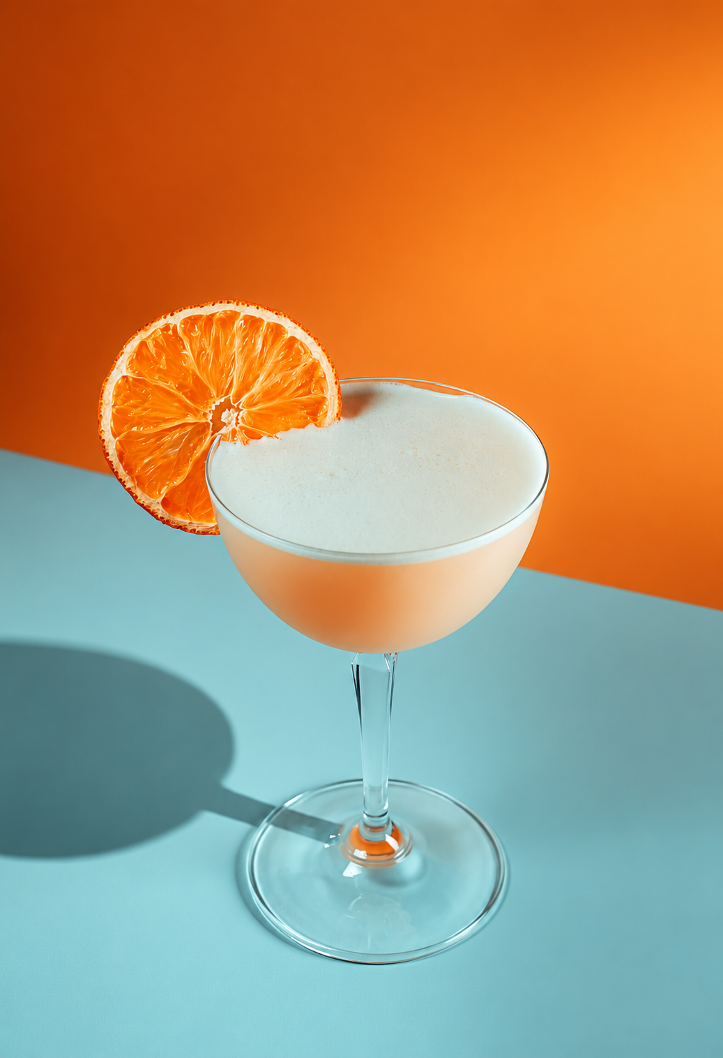 A cocktail in a coupe glass garnished with an orange slice, placed on a blue surface with an orange background.