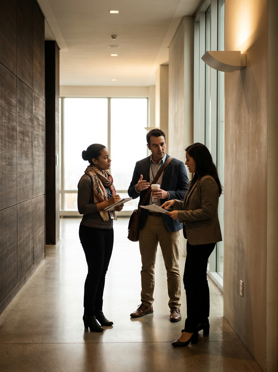 Three professionals having a discussion in a hallway, with one holding a coffee cup and notes.