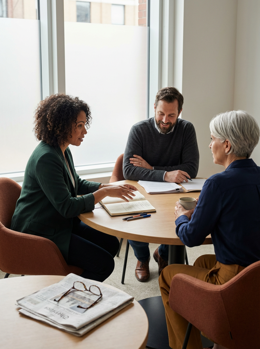 Three people sitting at a round table in a meeting room, having a discussion, with documents and a cup on the table.