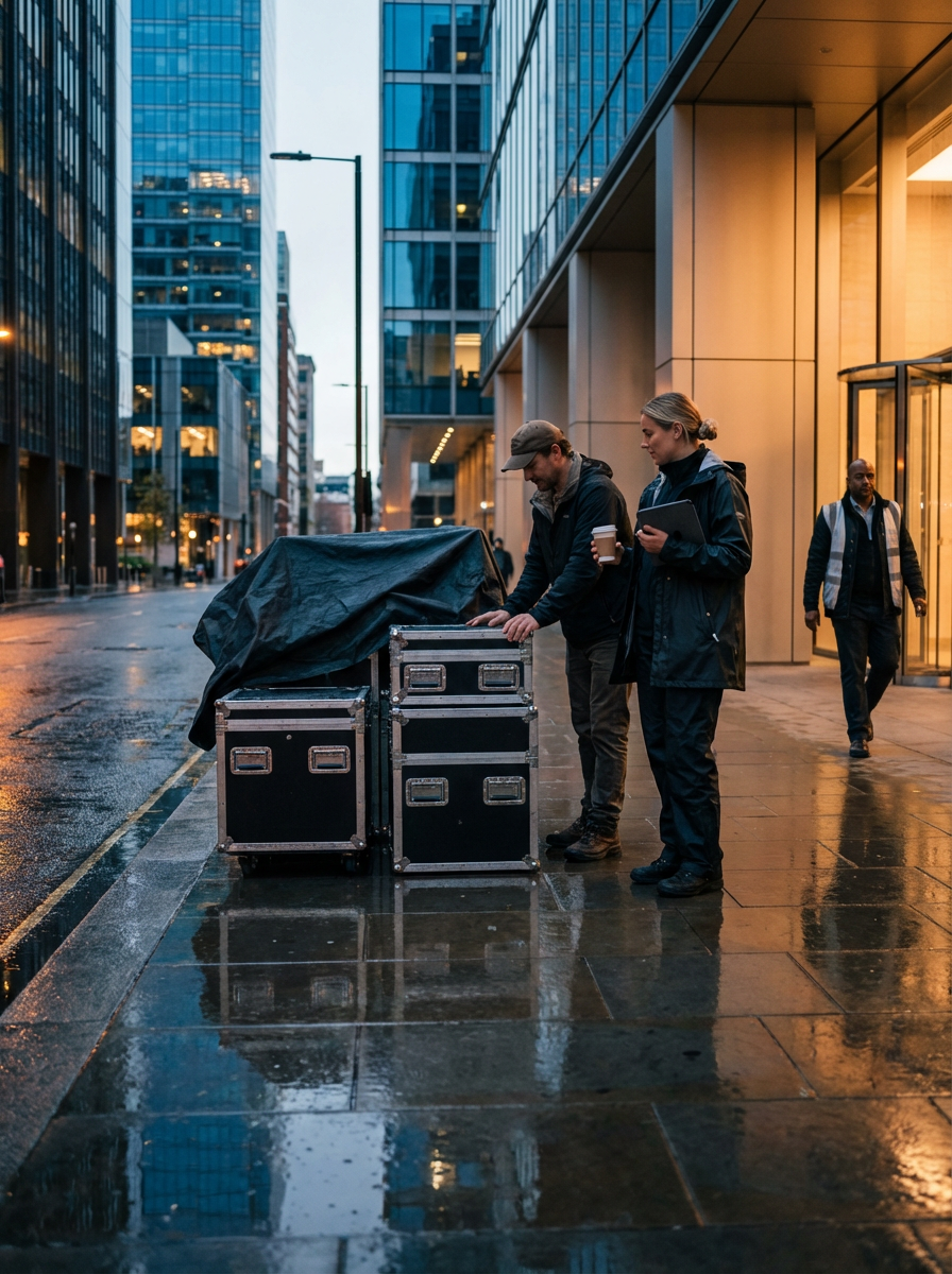 Two crew members working outside a modern office building on a rainy evening, with equipment cases covered by a tarp, reflecting city's lights on wet pavement.