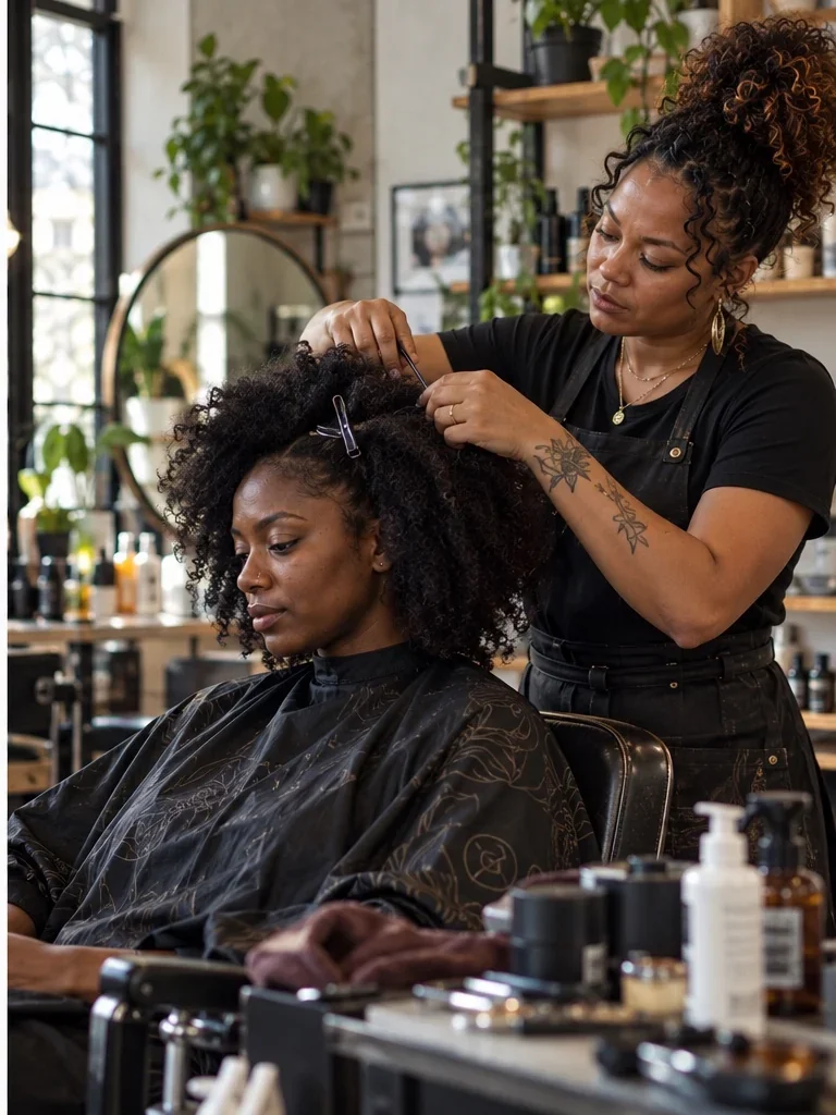 Hairstylist working with a client. Wellness section or service-page supporting image.