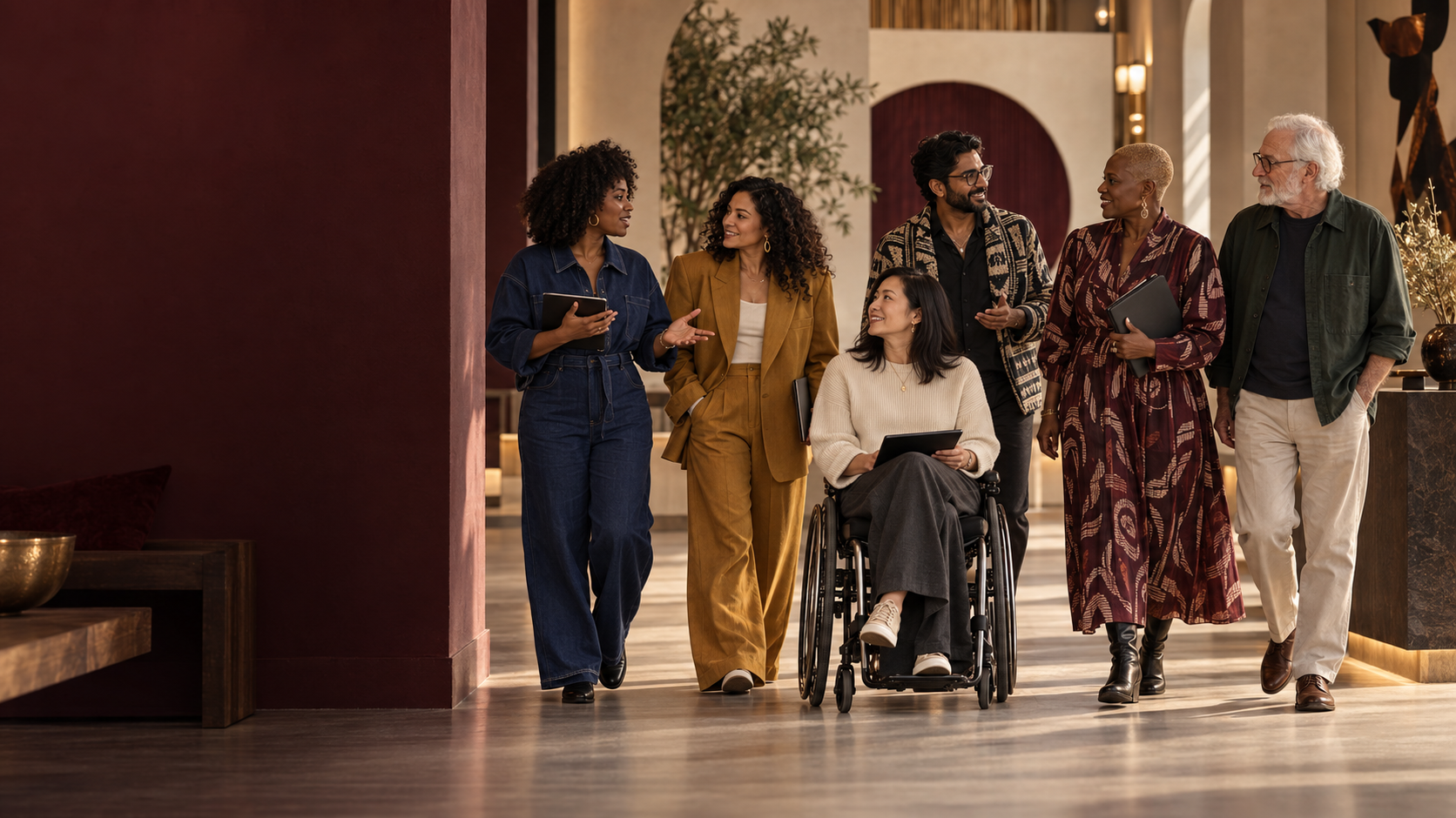 Group of six diverse adults, including a woman in a wheelchair, walking and talking in a modern, well-lit lobby or public space. They are dressed stylishly and appear engaged in a friendly conversation.