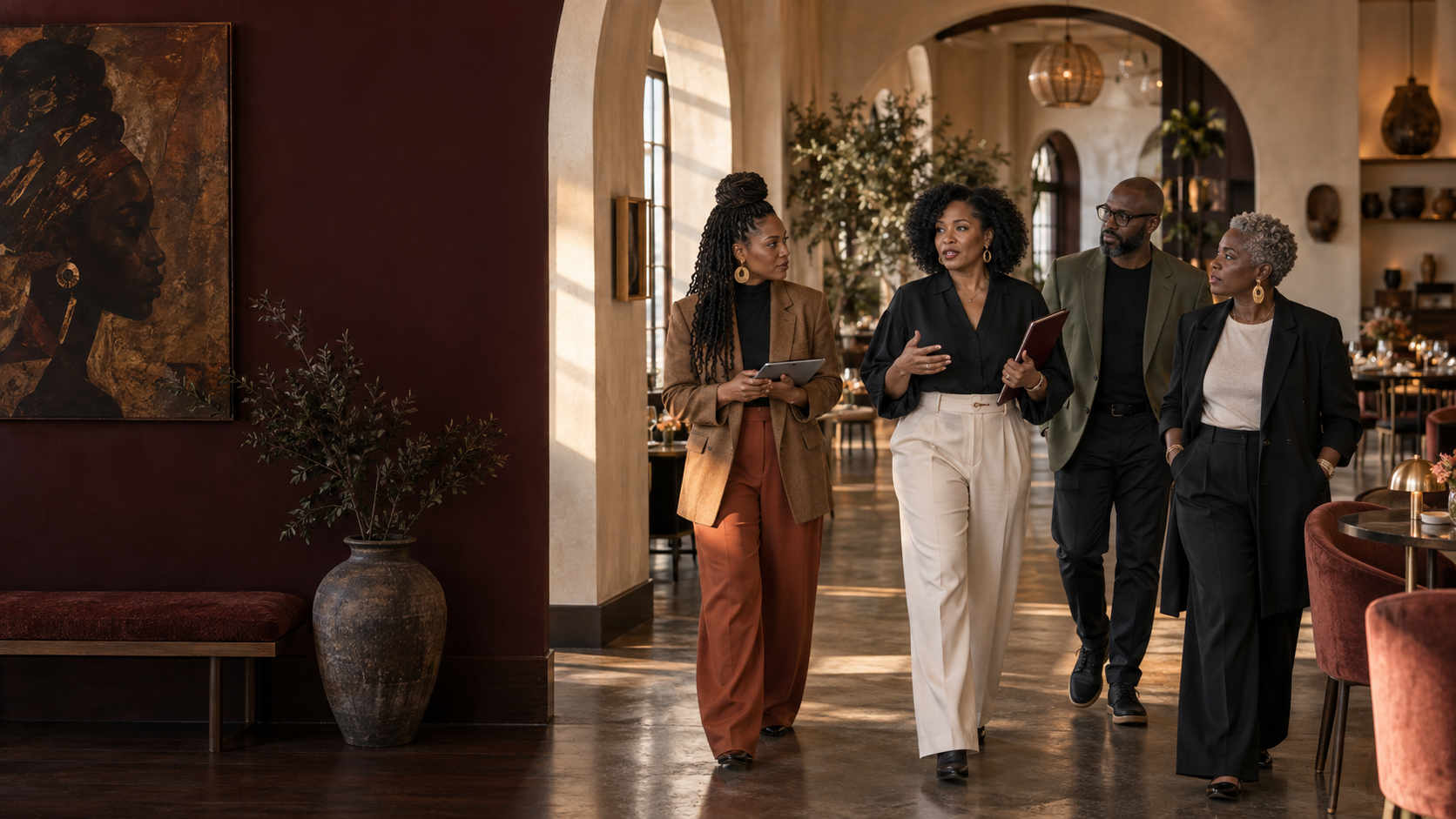 Group of four diverse people walking and talking inside a stylish restaurant or cafe, with art and decorative items in the background.