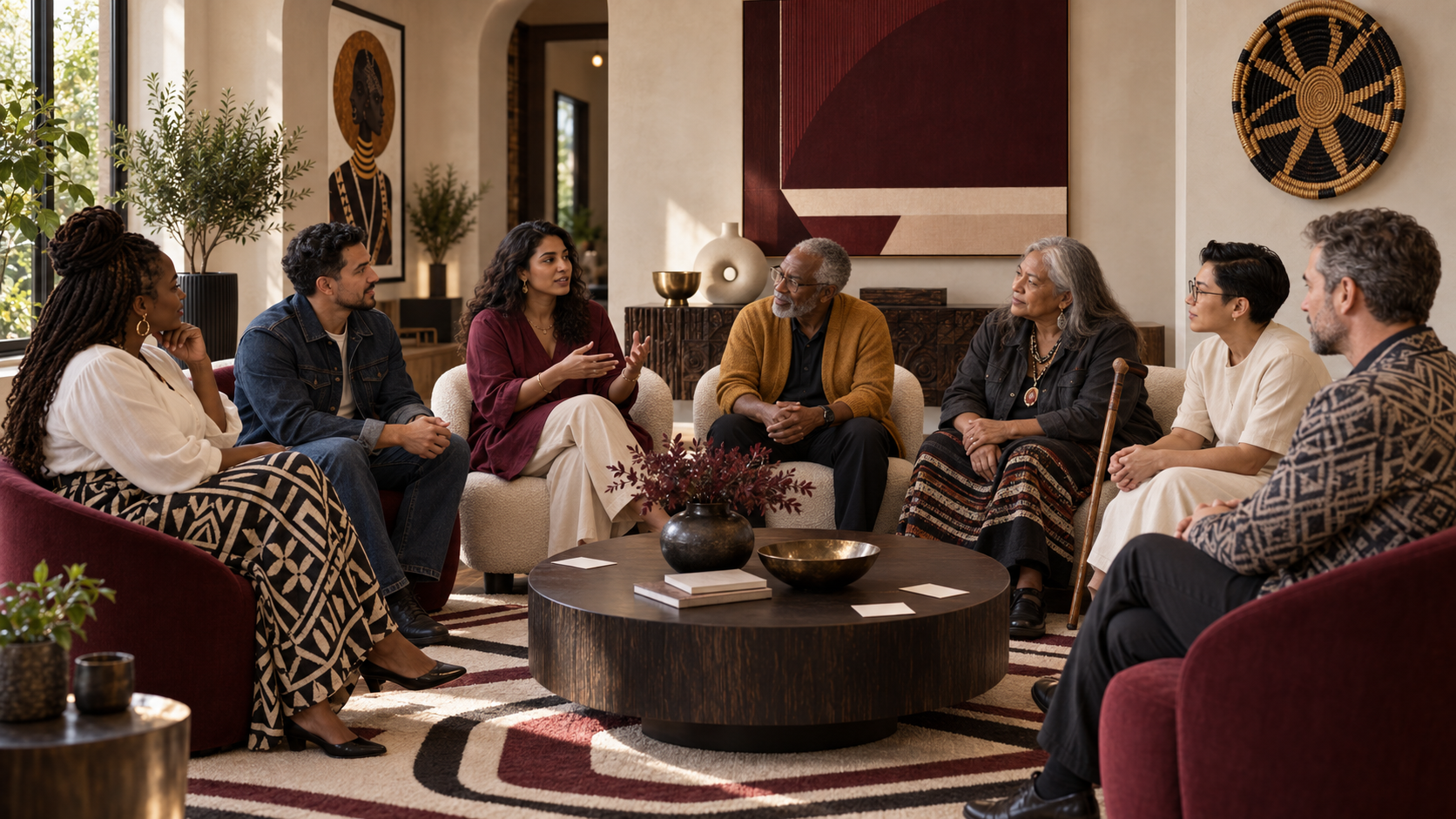 A diverse group of eight people sitting on sofas and chairs in a cozy, well-decorated room, engaged in a discussion. The room has large windows, artwork, plants, and a central round coffee table with decorative items.