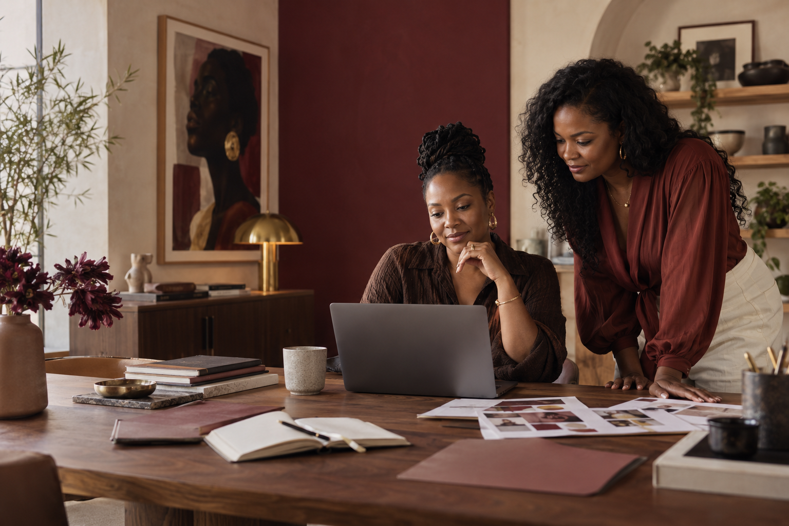 Two women collaborating in a well-decorated room, one seated at a wooden table with a laptop, and the other leaning on the table, both looking at documents and a computer screen.