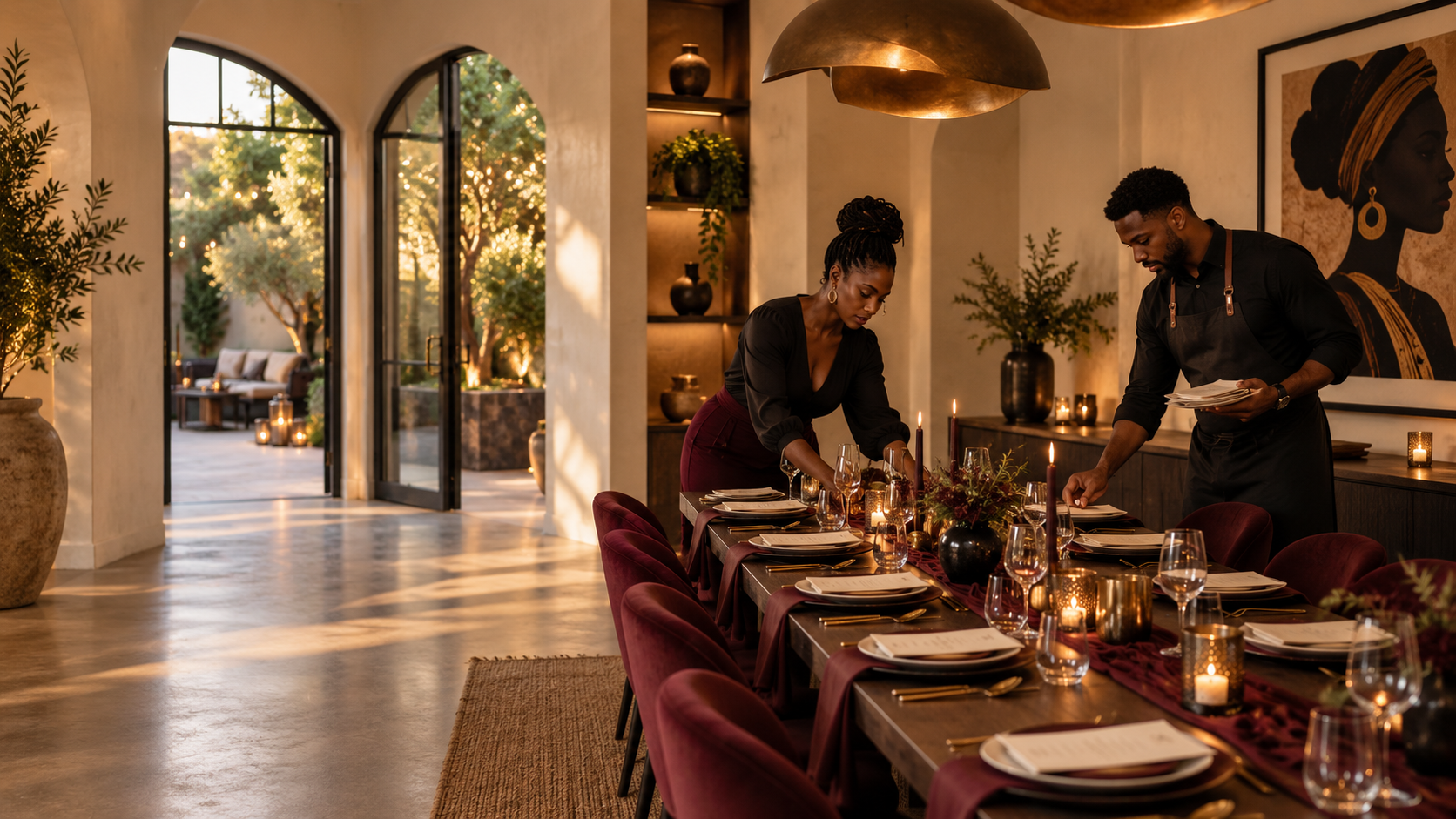 Two waitstaff setting a dinner table with candles and elegant tableware in a warmly lit dining room with large windows and outdoor seating visible.