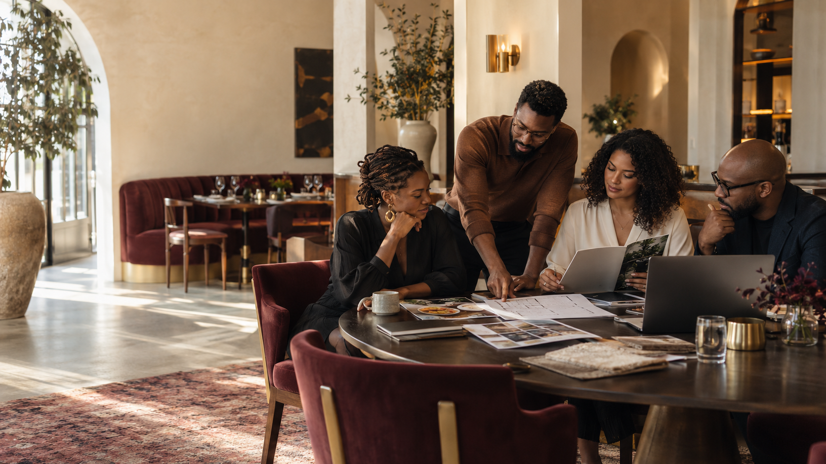 A group of five people discussing around a table in a modern restaurant, with laptops, photographs, and papers.