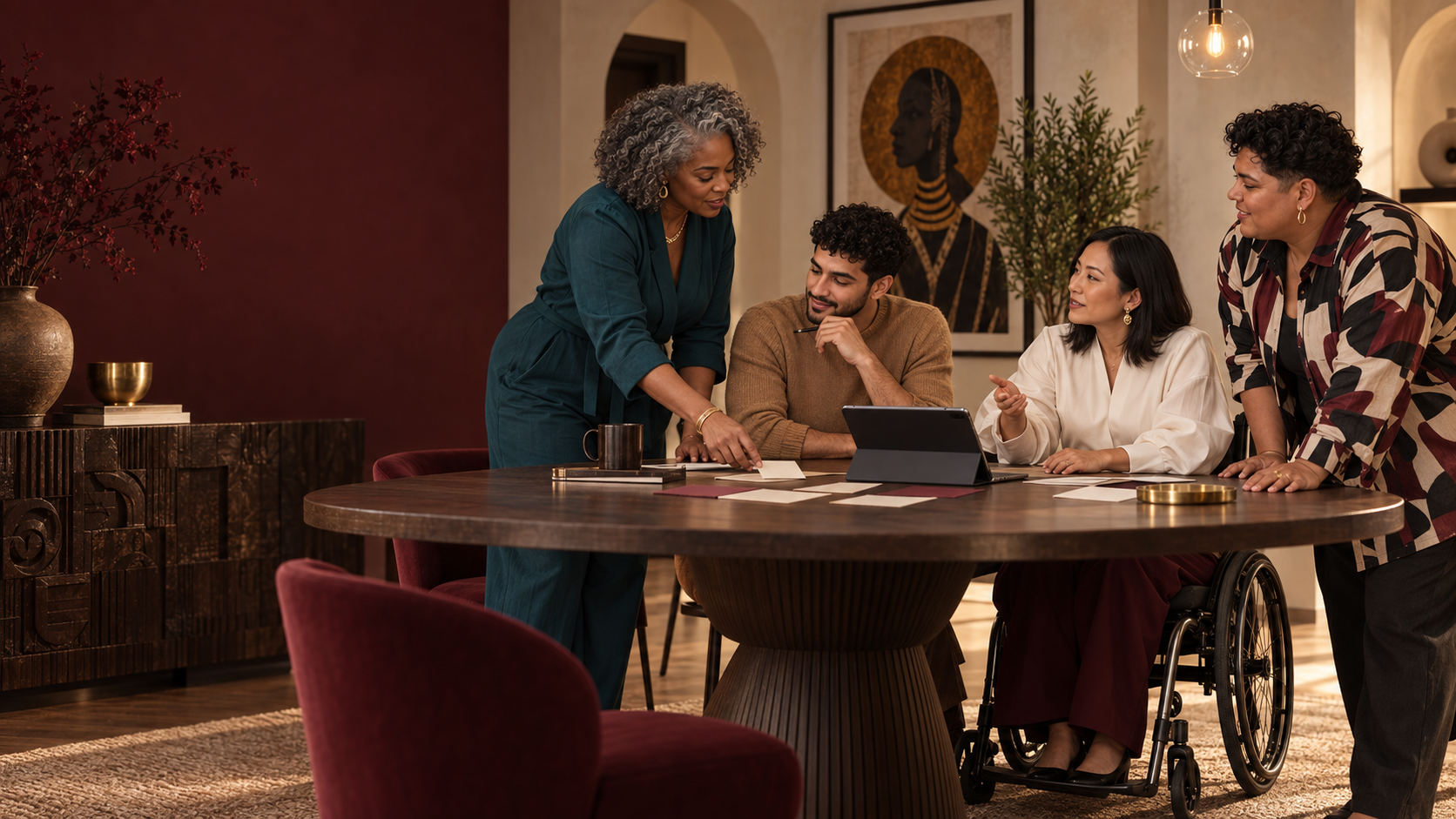 Four diverse people collaborating around a wooden table in a warmly lit room with modern decor, including a painting and potted plant, discussing documents and using a tablet.