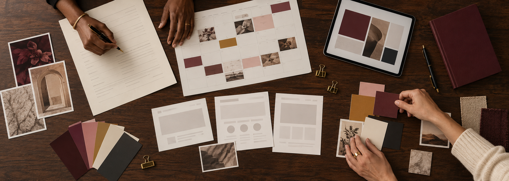 A person working on interior color palette design at a wooden desk with photo samples, fabric swatches, digital tablet, and printed material.