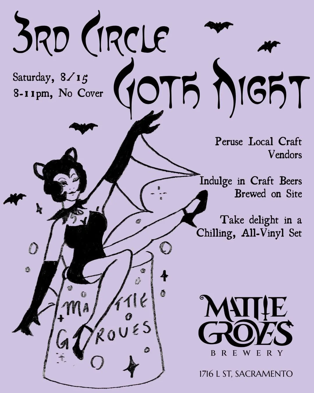3rd Circle revelry returns next Saturday! Following paint and sip sessions by @vital.k.paintings earlier in the day, we invite you to while away a warm Summer evening with us, and raise a glass to our local bats 🌙

Featuring @deathrockanddragons at 