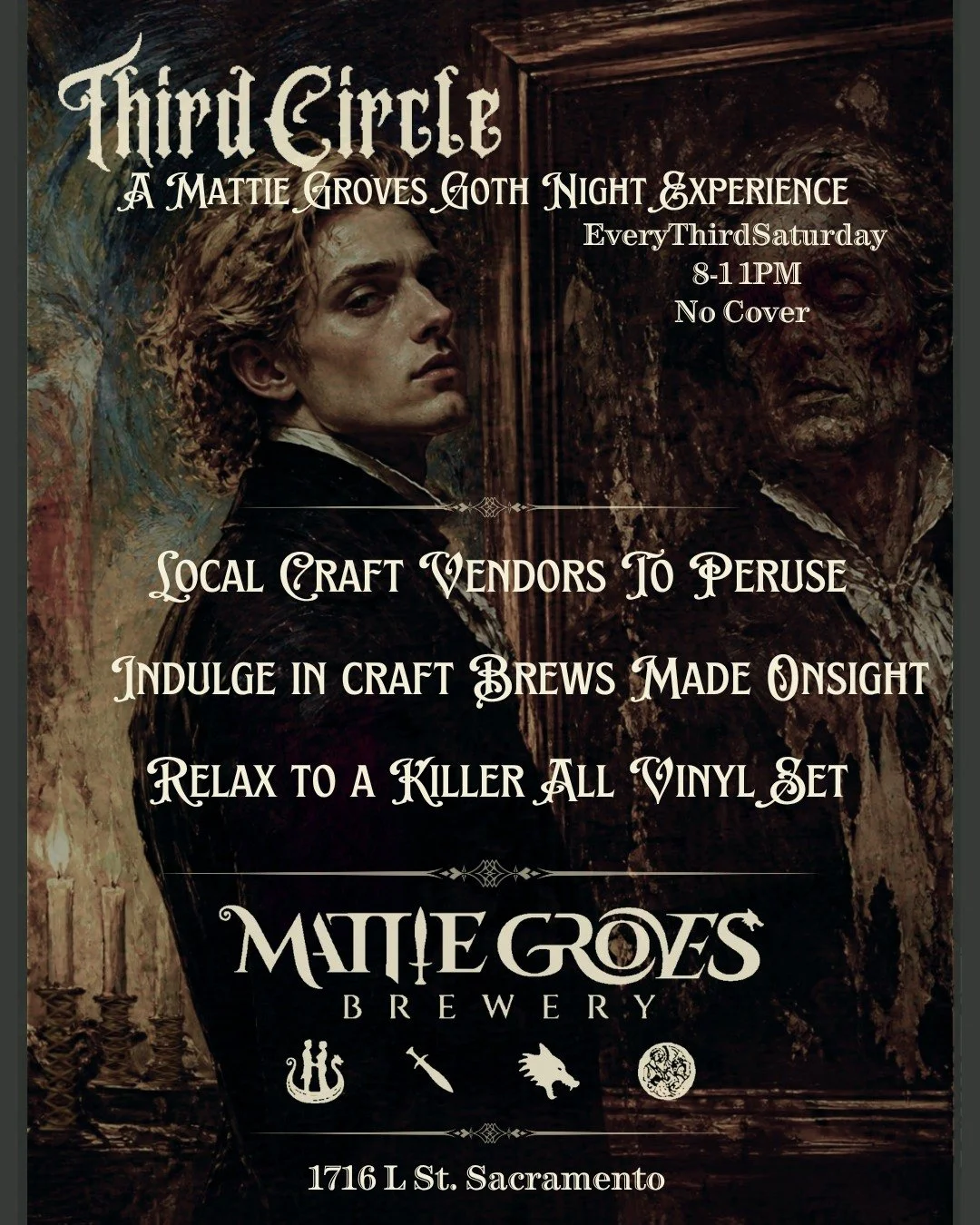 Our next 3rd Circle Goth Night and preceding Paint &amp; Sip are rapidly approaching! 

The evening will feature a curated collection of music on vinyl by @deathrockanddragons, hand crafted brews, delectable foods by Stephen and Kamali of The Flame, 