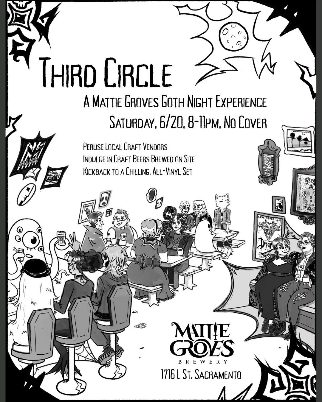 We invite you out to our inaugural Third Circle goth night, a gluttonously indulgent evening of gothic, post punk, and deathrock music brought to us by @deathrockanddragons, replete with hand crafted goods by artists including @jamesflamesglassart an
