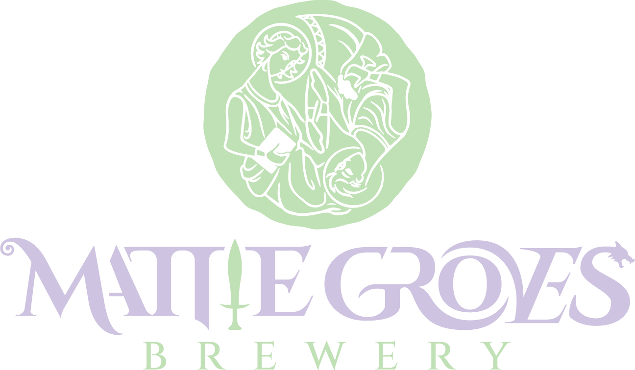 Logo of MATICGHEG'S Brewery featuring a stylized illustration of a woman with a sword and a dragon, with the brewery name in purple and green text.
