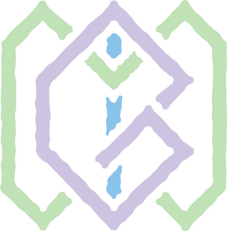 A colorful maze with thick borders in light green and purple, featuring small blue ponds or lakes inside.