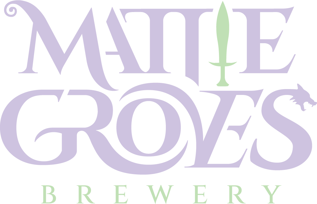 Logo for Matlieve Grows Brewery with stylized text and a dragon head in the letter S, using purple and green colors.