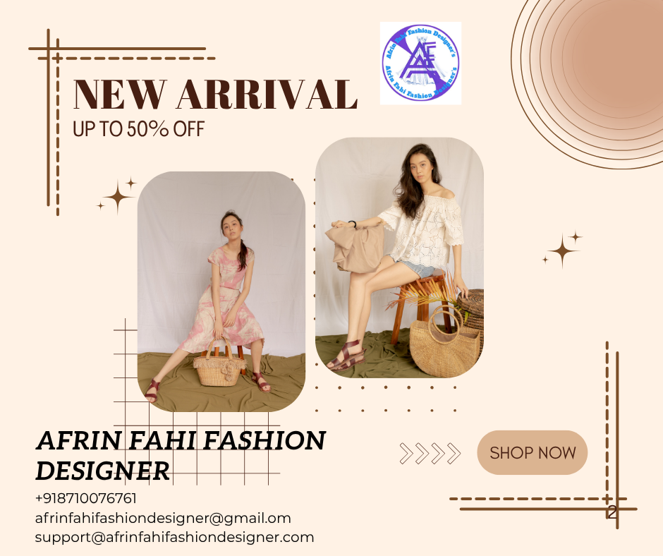 Fashion advertisement featuring two women modeling outfits with baskets, promoting new arrivals with up to 50% off, brand name Afrin Fahi Fashion Designer, and contact information.