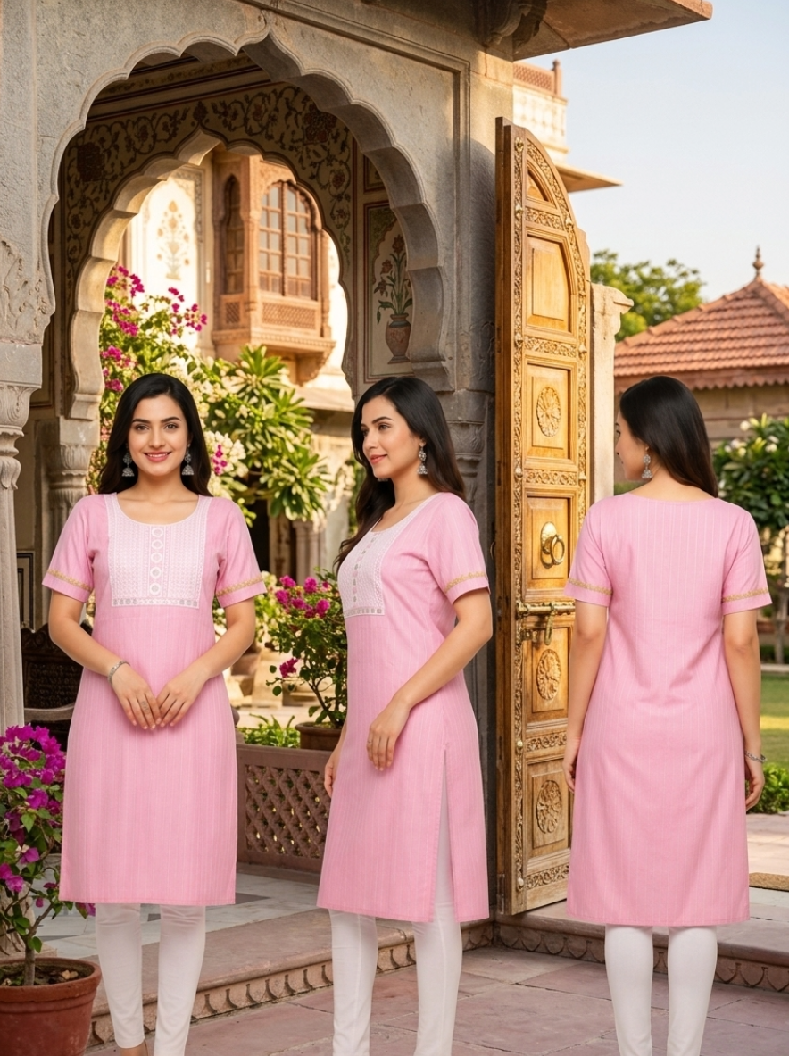 Women’s Pink Straight Kurti with Printed Front Panel & Short Sleeves