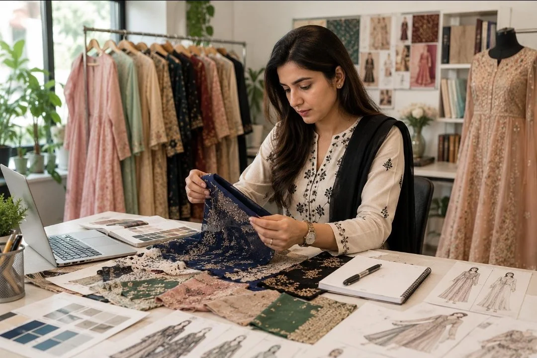 A woman in a fashion design studio looks at fabric swatches on her table, with dress sketches and fabric samples, surrounded by racks of traditional dresses and design images on the wall.