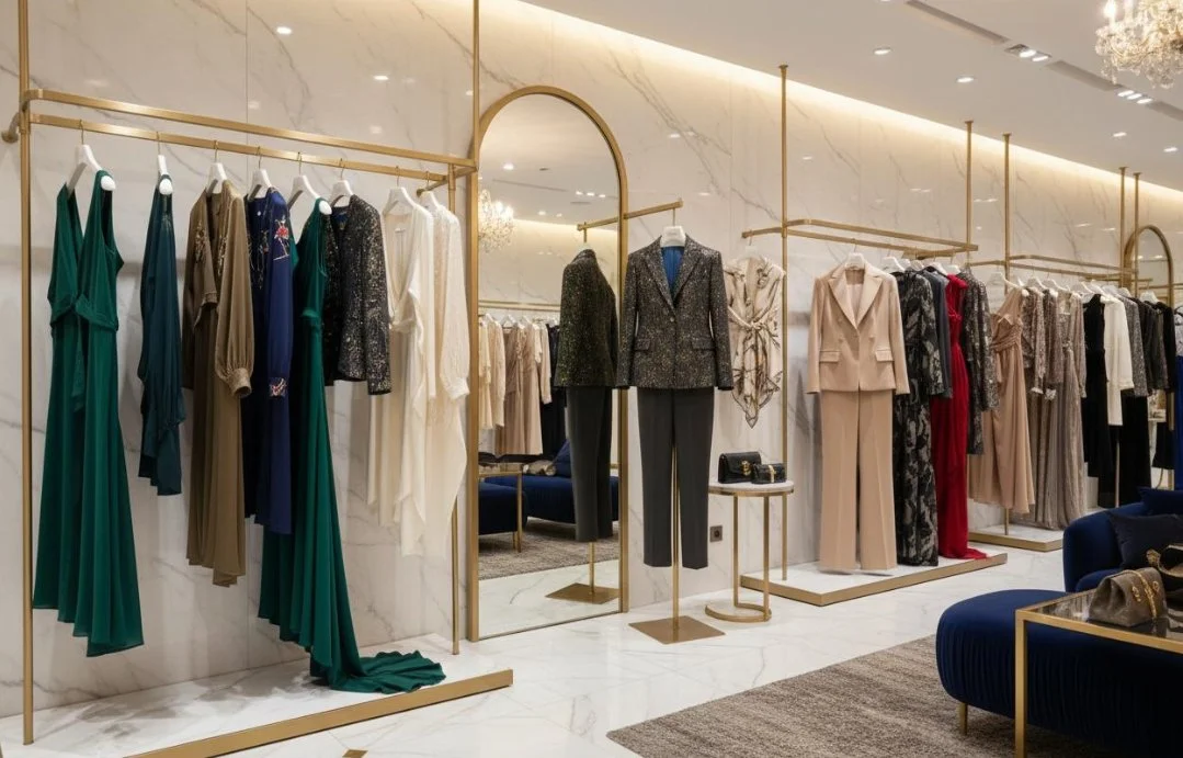 Luxury clothing store with racks of dresses, suits, and trousers displayed in an elegant, well-lit setting with marble walls and gold accents.