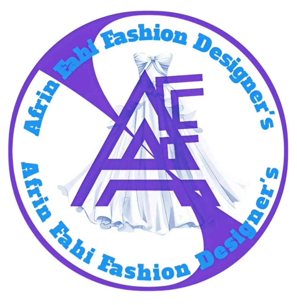 A fashion logo with a white dress in the background, overlaid with purple text and graphics that say 'Afri Ehi Fashion Designer' and 'Afro Ehi Fashion Designers', with a large purple stylized letter A in the center.