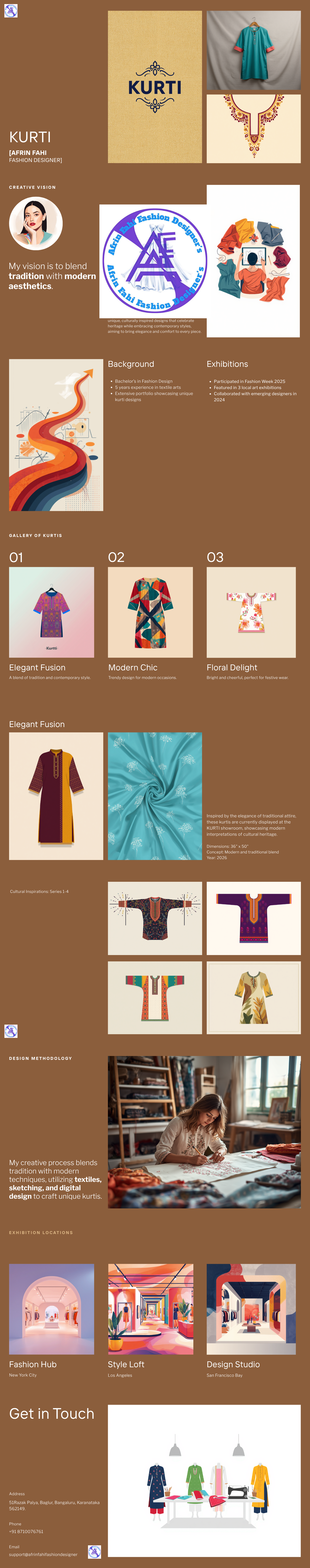 A fashion design poster for Kurti, showcasing various kurti designs, fabric patterns, and the designer's philosophy, with images of textile work and exhibition spaces.