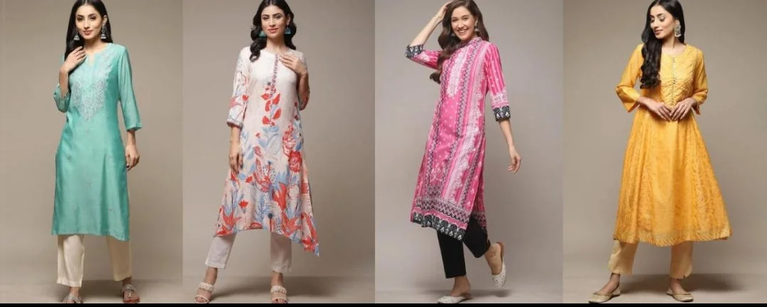 Four women modeling different styles of traditional and modern Indian dresses, with each woman wearing colorful ethnic outfits against a plain background.