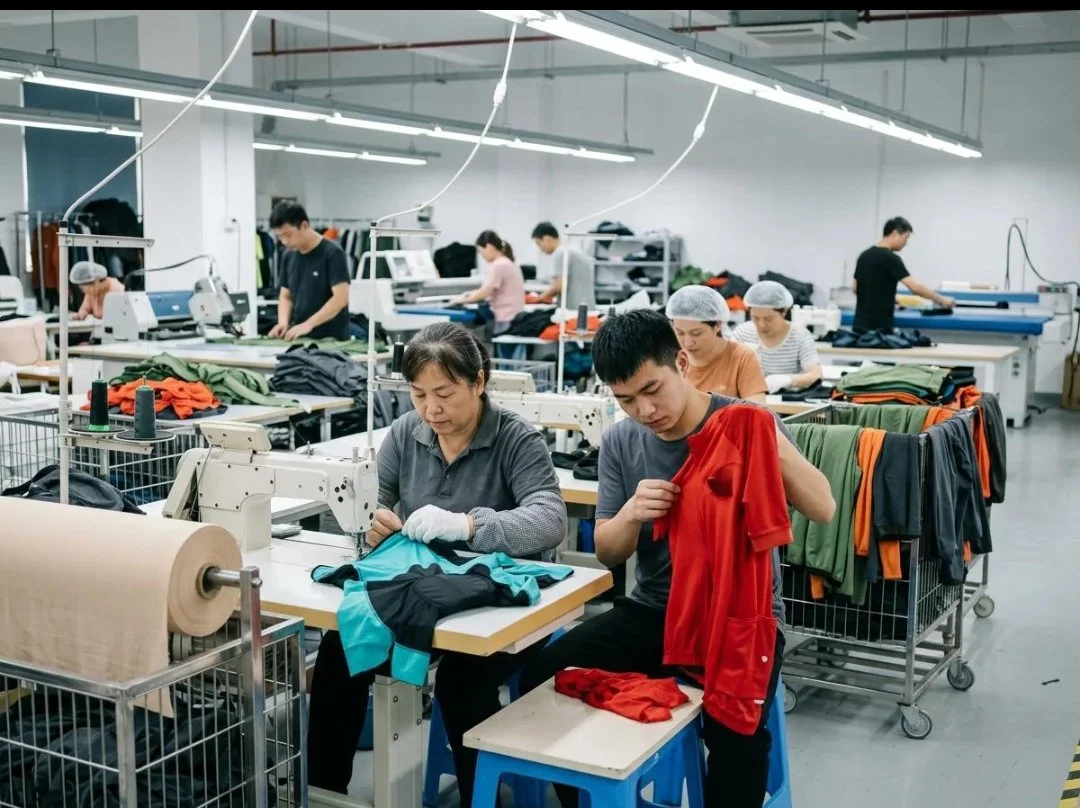Workers sewing clothing in a factory with sewing machines and fabric stacks.
